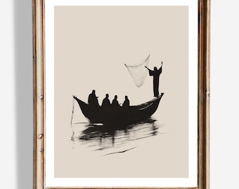 Arte mural de Jesús y los pescadores / Decoración cristiana minimalista / Impresión de "Discípulos llamando" / Póster bíblico / Arte religioso para el hogar / Decoración de fe