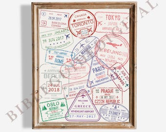 Impresión de sellos de pasaporte, impresión de viaje, póster de ciudad del mundo, póster de ubicación retro, arte mural de ciudad, arte mural moderno, sala de estar moderna, imprimible