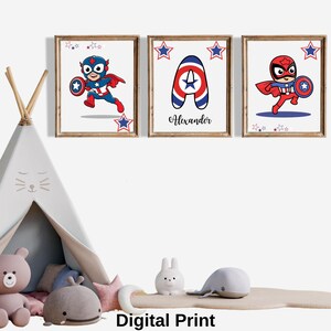 Set di 3 stampe artistiche da parete a tema Capitan America, decorazioni per la cameretta dei bambini, poster digitali personalizzati con nome di supereroi per bambini piccoli.