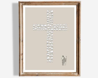 Jesus lämnar de 99, digital väggkonst, Jesuskonst, bibelkonst, Jesus gode herde, väggkonst, gläds över ett förlorat får, Jesus lämnade de 99