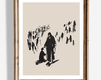 Arte mural de Jesús sanando a la mujer / Decoración cristiana minimalista / Impresión de milagros bíblicos / Arte religioso para el hogar / Arte de fe y esperanza