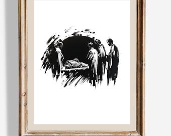 Arte mural del entierro de Jesús / Silueta cristiana / Impresión de escena bíblica / Póster religioso en tinta negra / Decoración espiritual del hogar con Jesús