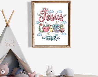 Arte de pared cristiano para habitación de bebé con frase de fe "Jesús me ama", imprimible, decoración con versículos bíblicos para niños, póster cristiano para habitación de bebé, bautismo.