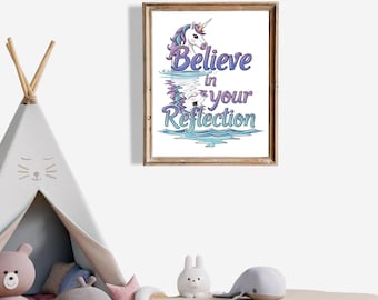 Arte de pared de unicornio imprimible: cree en tu reflejo (archivo JPG), póster inspirador para habitación de niña, decoración para la autoestima infantil, arte de pared para guardería