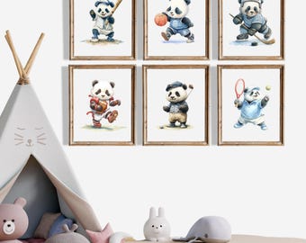 Juego de 6 impresiones de pared vintage de pandas deportivos, regalo para baby shower, ilustraciones en acuarela, decoración infantil con temática deportiva para habitación infantil, habitación de niño.