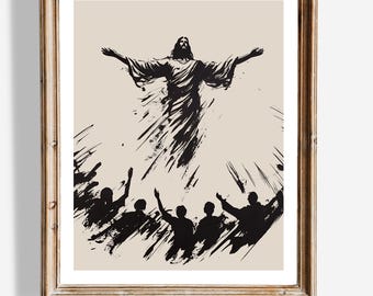 Arte mural de la Ascensión de Jesús / Decoración cristiana minimalista / Póster de fe religiosa / Arte espiritual para el hogar / Impresión del cielo / Obra de arte de un evento sagrado