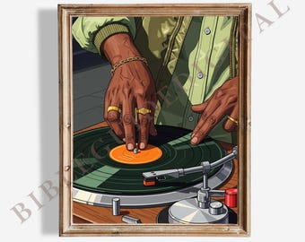 Arte de pared con música de discos de vinilo, impresión artística de DJ de hombre negro, póster de tocadiscos imprimible, decoración de música hip hop, impresión de Hypebeast, descarga digital