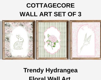 Juego de 3 impresiones de conejo, pájaro y hortensia en estilo cottagecore francés, póster de rayas cottagecore, nieta costera, decoración moderna vintage