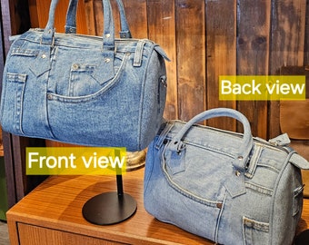 Urban Blue Horizon Denim Boston Bag(*classic-plain design*)-Hand Made Stylish bag (Hand bag, Hand Held, Crossbody bag, Dual-sided bag)