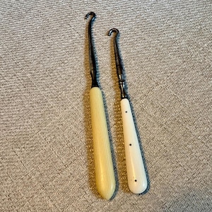 Pair of Antique Victorian Button Hooks | Bone or Early Ivory Substitute Handles | Steel Boot & Glove Hooks | c. 1885–1915