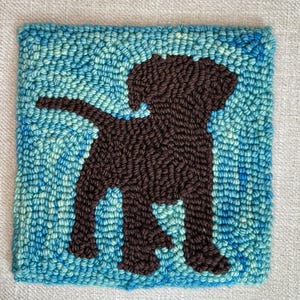 Chocolate Lab Puppy with Blue Background Wool Trivet for Kitchen; Made in Maine, Hot Pad