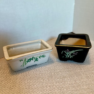 Vintage handbemalte Keramik-Bonsai-Töpfe | Bambus, Kalligrafie, Goldrand