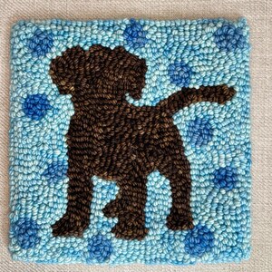 Chocolate Lab Puppy with Blue Polka Dots Wool Trivet for Kitchen; Made in Maine, Hot Pad