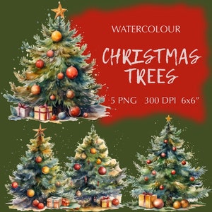 Retro kerst png/bomen clipart/bundel - direct downloaden/aquarel vakantie-illustraties