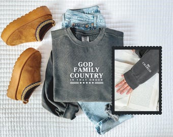 God Family Country-sweater ComfortKleuren mouwafdruk God Family Country geborduurde christelijke kleding VS patriottische top Charlie