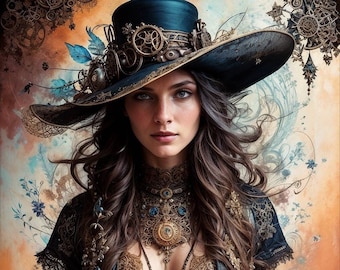 Stampa artistica di una donna steampunk: ritratto in stile vintage (download digitale)