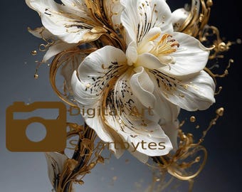 Elegante decorazione murale floreale con orchidee nere, bianche e dorate - Ritratto stampabile - Download digitale