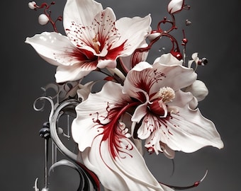 Stampa artistica di una scultura di orchidee rosse e bianche (download digitale)