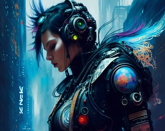 Stampa artistica di robot donna cyberpunk: arredamento futuristico per la casa con intelligenza artificiale (download digitale)