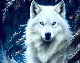 Ritratto di lupo bianco: stampa artistica AI, arredamento per la casa (download digitale)