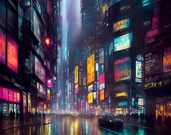 Stampa artistica di paesaggio urbano cyberpunk: arredamento futuristico per la casa con intelligenza artificiale (download digitale)