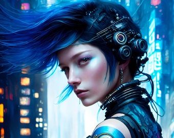Ritratto femminile cyberpunk: stampa artistica AI (download digitale)