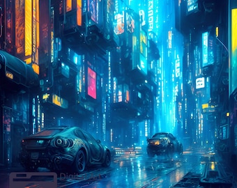 Stampa artistica Cyberpunk Street AI: paesaggio urbano futuristico (download digitale)