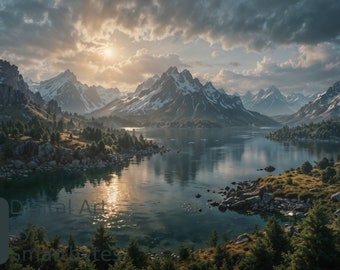 Paesaggio, Bellissimo paesaggio, panoramico, Arte digitale. Le dimensioni di download sono 30x20, 36x24, 24x20, 24x18, 20x16, 19x13, tutti file jpg.