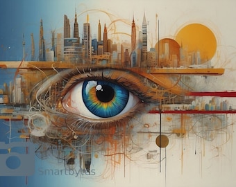 Stampa artistica di paesaggio urbano con occhio astratto: arredamento visionario per la casa (download digitale)