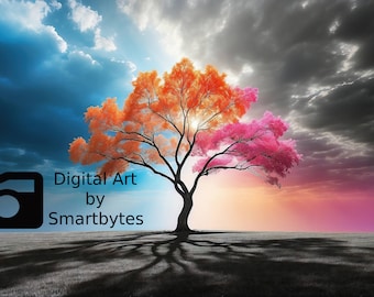 Stampa artistica digitale di albero colorato: paesaggio surreale (download digitale)