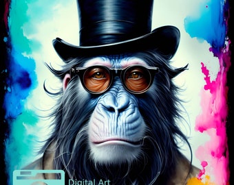 Stampa artistica di City Ape: ritratto di gorilla con cappello a cilindro (download digitale)