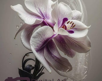 Decorazione murale stampabile con orchidea viola - Elegante decorazione floreale botanica bianca