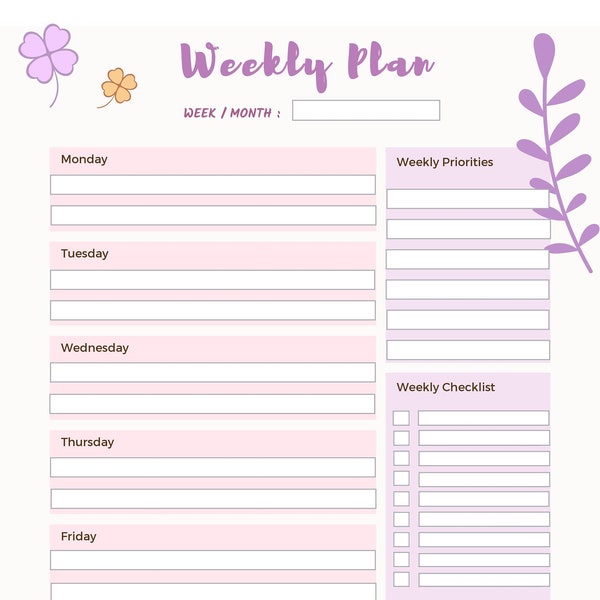 Weekly Planner Printable | Printable Weekly Task List PDF | Digital Download, Minimalistt Design Templates