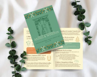 Programa de boda india, plantilla digital de Canva, descarga instantánea: folleto de ceremonia hindú/gujarati, LGBTQ+, bohemio, floral, retro, caléndula