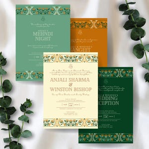 May include: Four wedding invitation cards with green, orange, and cream floral designs. The cards feature the text "Anjali Sharma & Winston Bishop" and the events "Mehndi Night", "Sangeet", and "Wedding Reception".