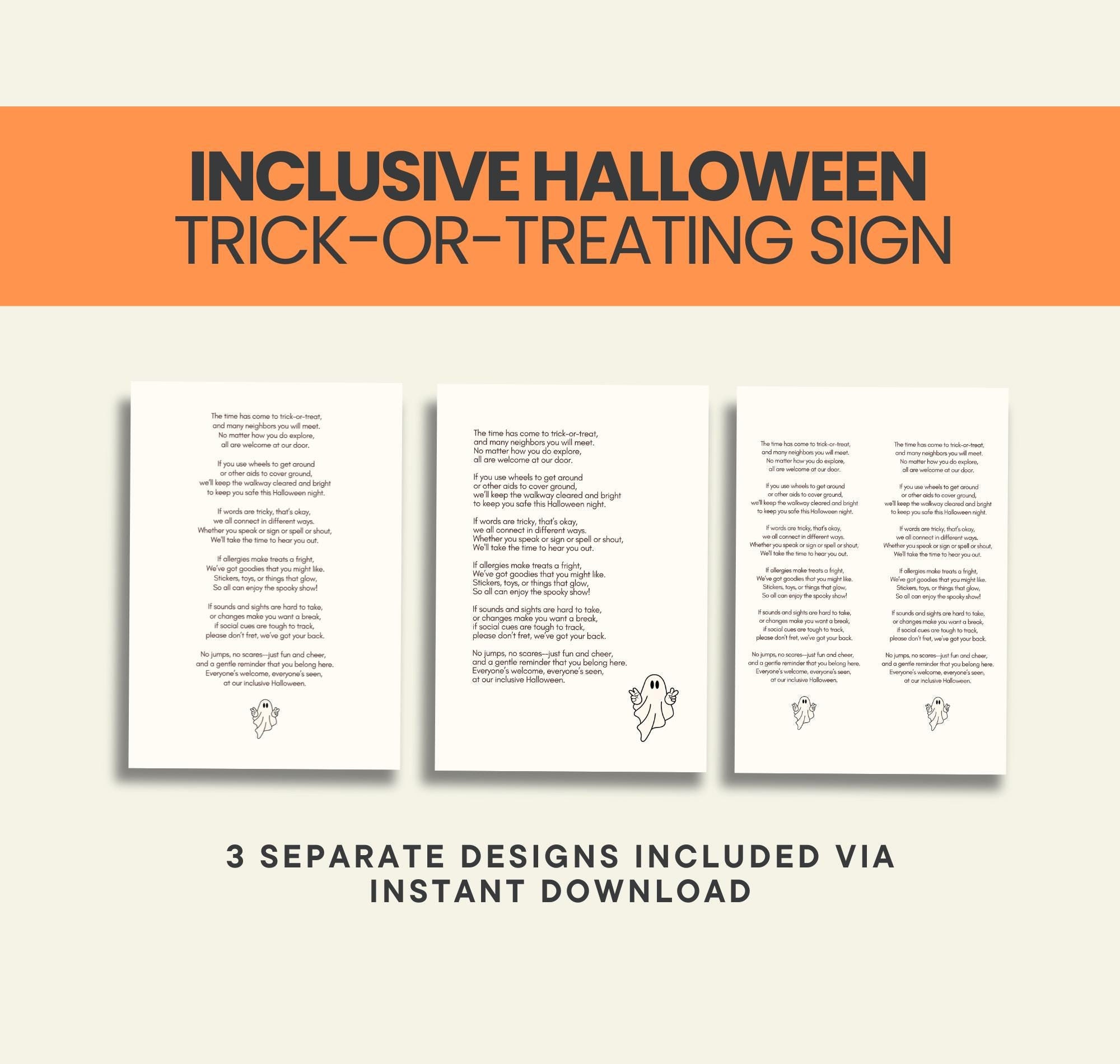 Inclusive Halloween Sign - cute ghost | trick-or-treat, trunk-or-treat, yard sign, flyer, poem, handout