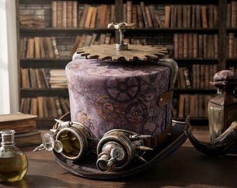 Cappello a cilindro steampunk fatto a mano: ingranaggi in legno, occhiali e tesa con cerniera