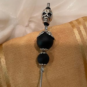 6&quot; Matte Black Ceramic & Silver Skull Hat Pin