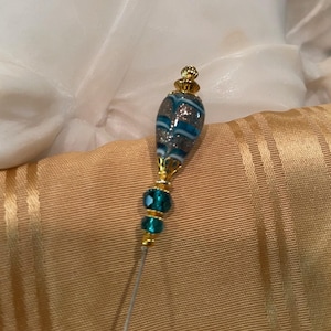 Turquoise & Gold Hat Pin – 6&quot; Handmade Silver Stick Pin With Swirled Lampwork Glass Bead – Elegant Victorian, Steampunk, or Derby Accessory