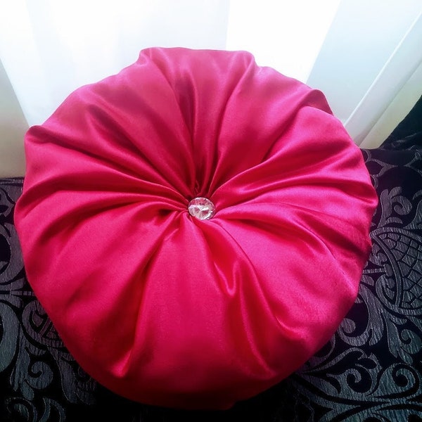 Pink luxury satin round pillow , Decorative throw pillow cushion, Handmade satin pillows, Bedding Round Pillow, Satin pillow silver button.