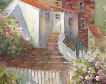 Impresión de cabaña rosa, pintura de acuarela de jardín de rosas, pintura de cabaña, impresión de bellas artes de calidad de museo