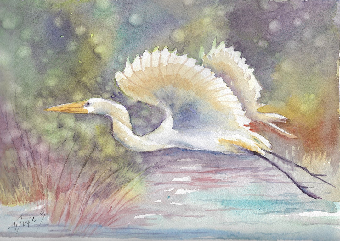 Snow Egret Print, Watercolor Painting, Flight of the Snowy Egrett ...