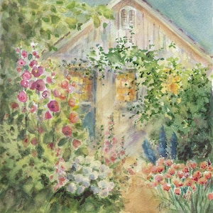 Cottage Garden Print, Flower Path Watercolor Painting, Country Home Decor, Museum Quality Fine Art Print On Cotton Rag Paper