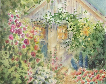 Impresión de jardín de cabaña, pintura de acuarela de camino de flores, decoración de casa de campo, impresión de bellas artes de calidad de museo en papel de trapo de algodón