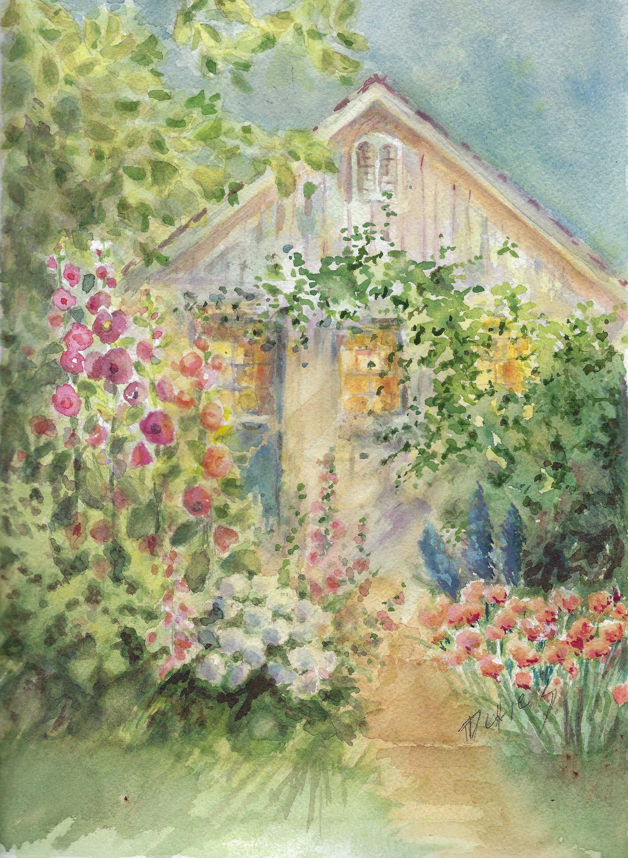 Cottage Garden Print, Flower Garden Watercolor Painting, Cottage