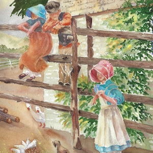 Verspielte Pionier Kinder Druck, Landhaus Bauernhaus Aquarell Malerei, Museum Qualität Fine Art Print