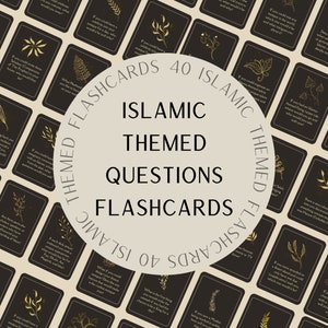 May include: A set of 40 Islamic themed flashcards with gold leaf accents and black backgrounds. The cards feature questions about Islamic beliefs and practices.
