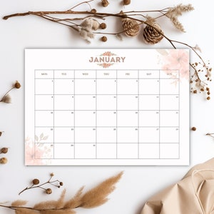 Calendário para imprimir 2024 | Desenho Floral | Calendário de casa de sala de escritório de parede | Download Digital Instantâneo | PDF Tamanho Carta A4 | Paisagem