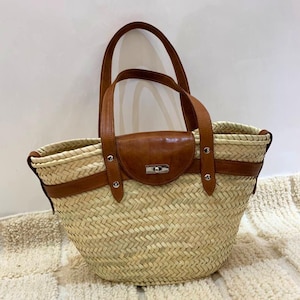 Handgemachte Strohtasche, Strand-Strohtasche, französischer Marktkorb mit Ledergriffen, marokkanische gewebte Strohhandtasche als Geschenk für Frauen