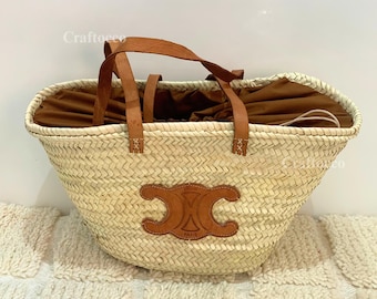 Bolso de paja tejido a mano, bolso de playa de paja marrón, cesta de mercado francesa con asas de cuero, bolso de mano de paja tejida marroquí, regalo para mujer